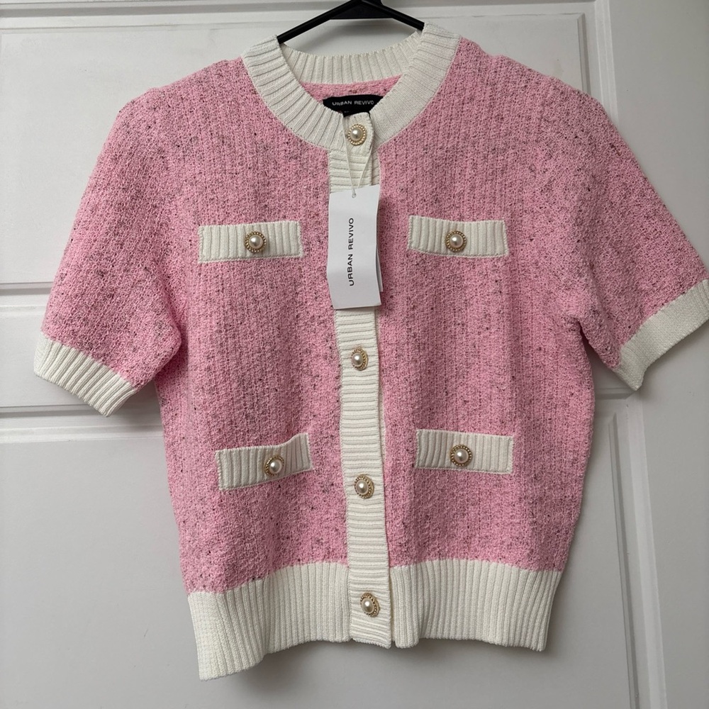 Urban Revivo Button Down Cardigan Pink Sweater Pearl Gold US Women’s Sz 4 NEW - Picture 1 of 4